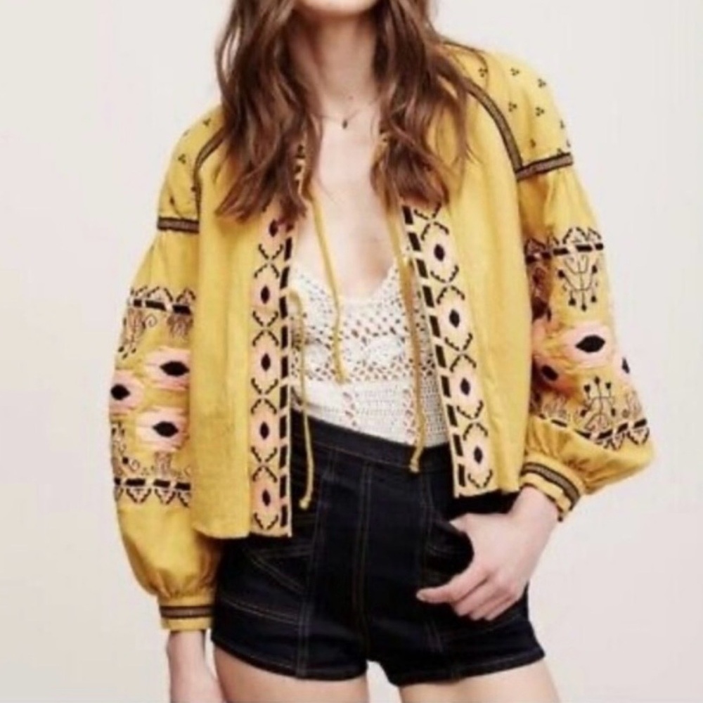 Anthropologie Yellow Embroidered Boho Jacket